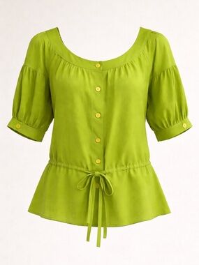Linea by Louis Dell’Olio 100% Silk Blouse Sz M Green Button Front Tie Waist Top